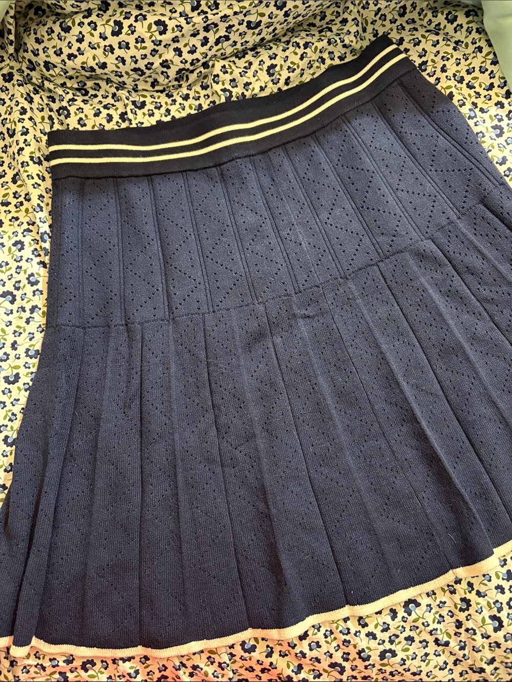 LOFT Navy Knit Skater Skirt with Cream Stripe Trim